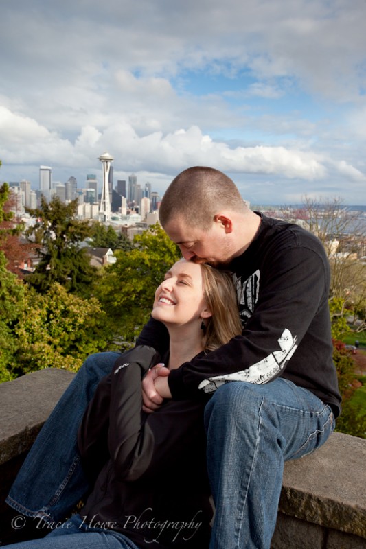 Photo of engaged couple at Kerry Park in Seattle