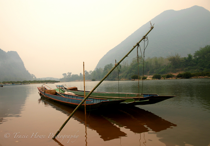 Photograph of boats on Mekong River in Laos