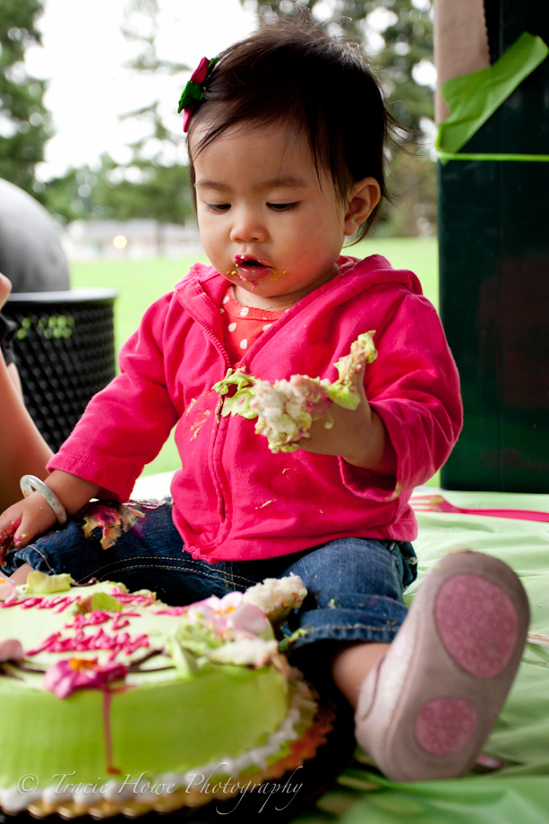 Photo of baby eating cake at 1st birthday party