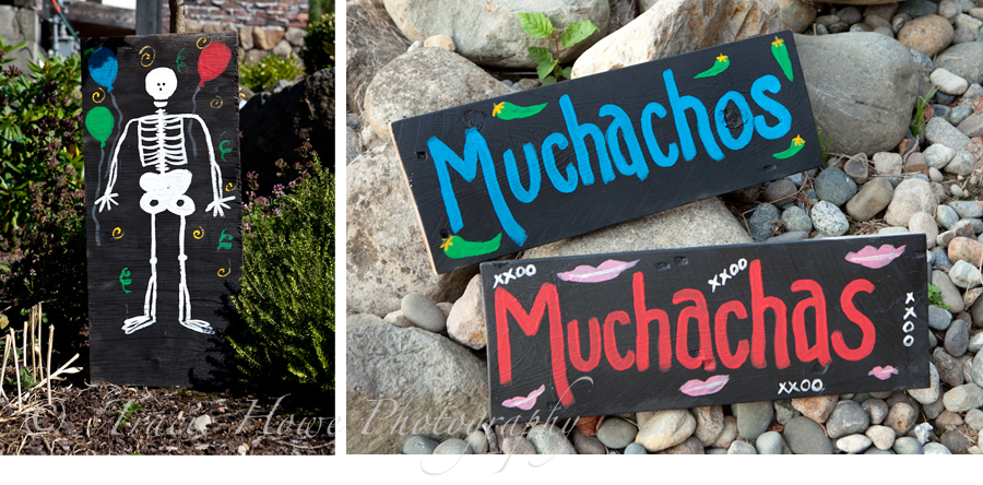 Photos of colorful painted signs for Mexican themed wedding