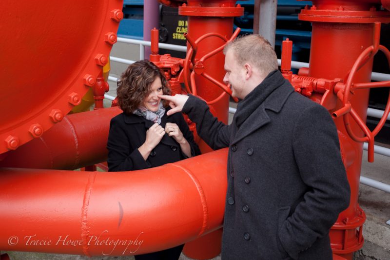 Engagement photo of couple at Gasworks Park in Seattle