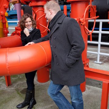 Engagement photo of couple at Gasworks Park in Seattle