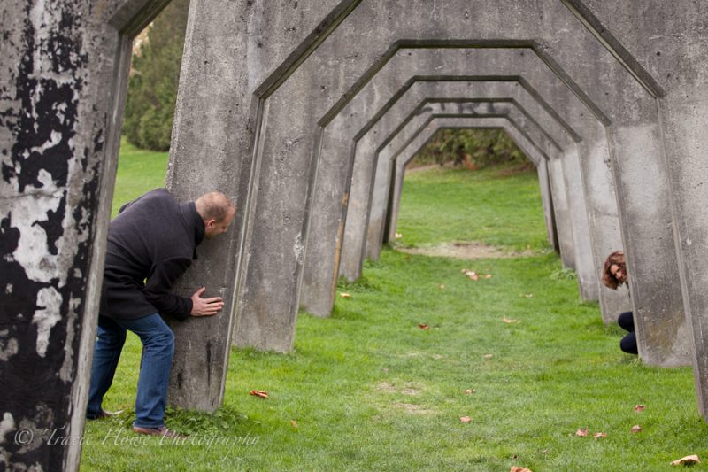 Engagement photo of couple at Gasworks Park in Seattle