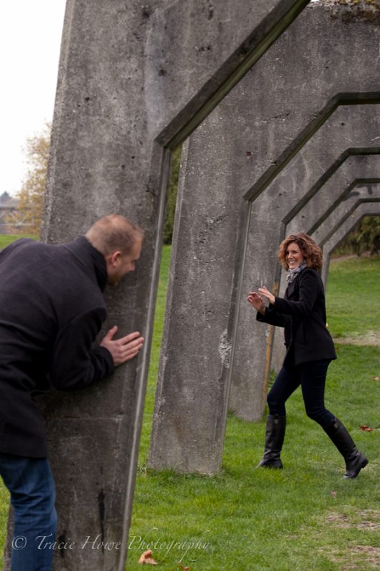 Engagement photo of couple at Gasworks Park in Seattle