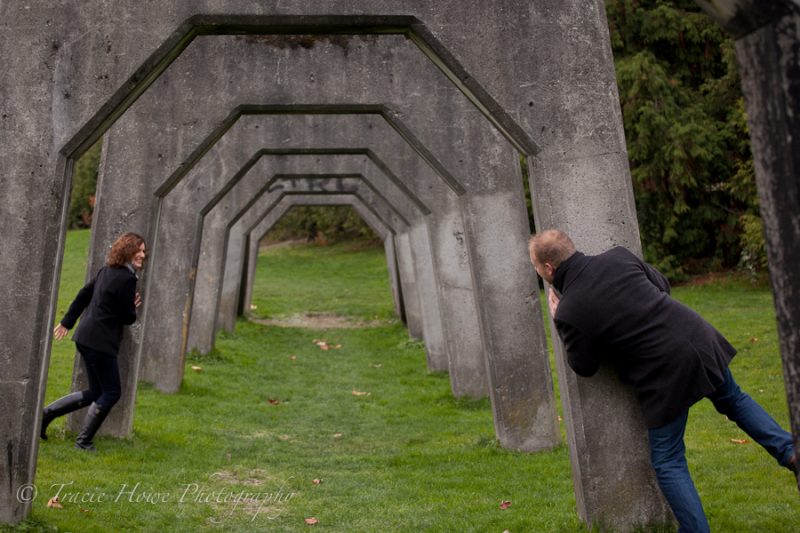 Engagement photo of couple at Gasworks Park in Seattle