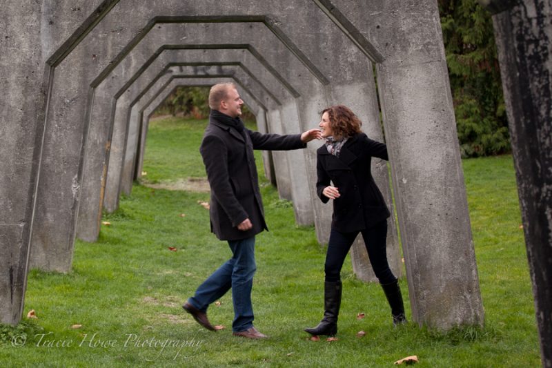 Engagement photo of couple at Gasworks Park in Seattle