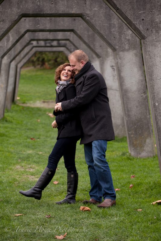 Engagement photo of couple at Gasworks Park in Seattle