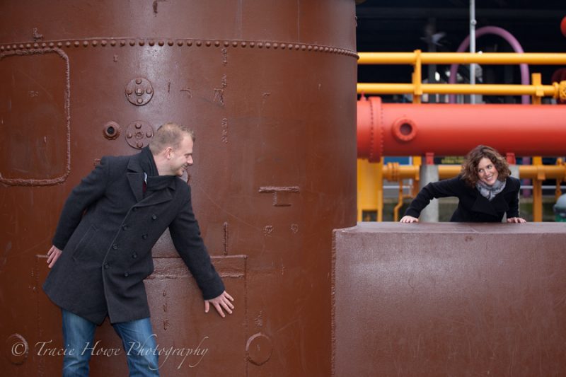 Engagement photo of couple at Gasworks Park in Seattle