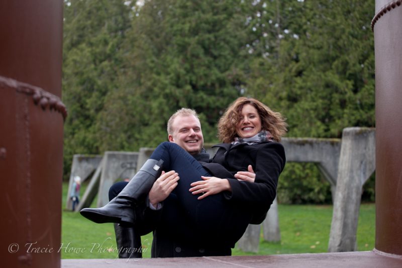 Engagement photo of couple at Gasworks Park in Seattle