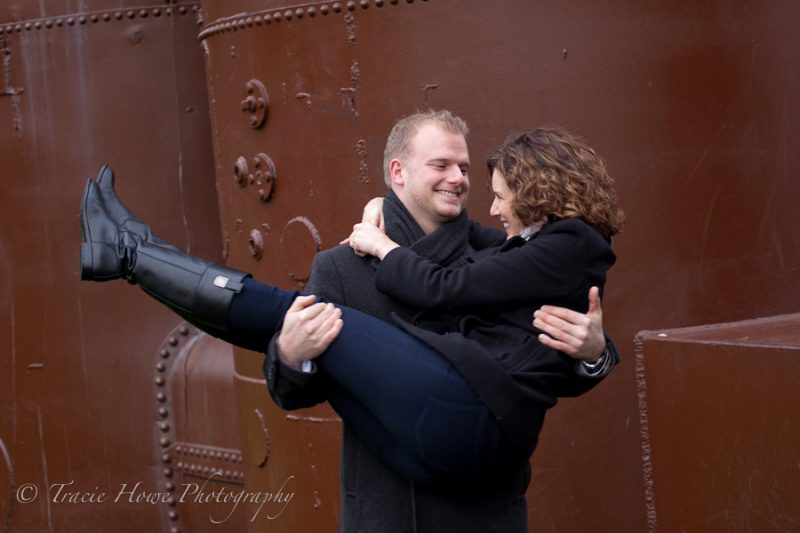 Engagement photo of couple at Gasworks Park in Seattle
