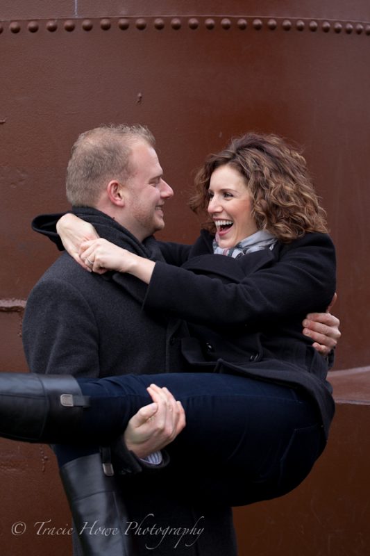 Engagement photo of couple at Gasworks Park in Seattle