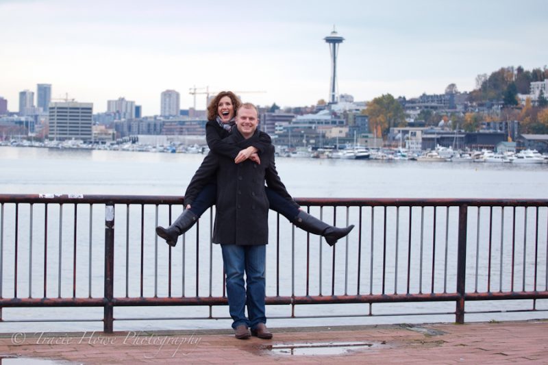 Engagement photo of couple at Gasworks Park in Seattle