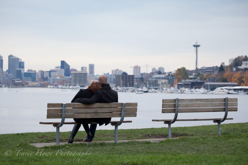 Engagement photo of couple at Gasworks Park in Seattle