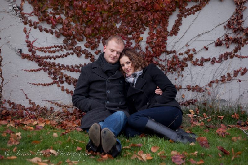 Engagement photo of couple during the fall at Gasworks Park in Seattle