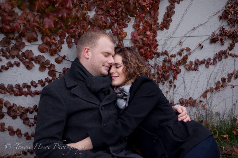Engagement photo of couple during the fall at Gasworks Park in Seattle