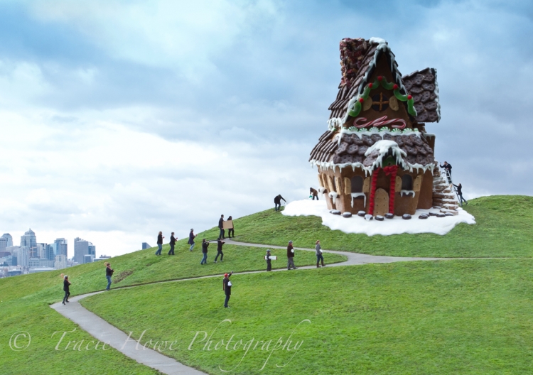 Forced perspective photo of giant gingerbread house on hill at Gasworks Park