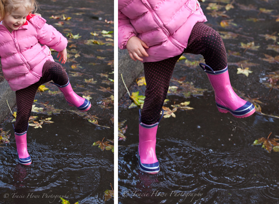 photo of little girl splashing in pink boots