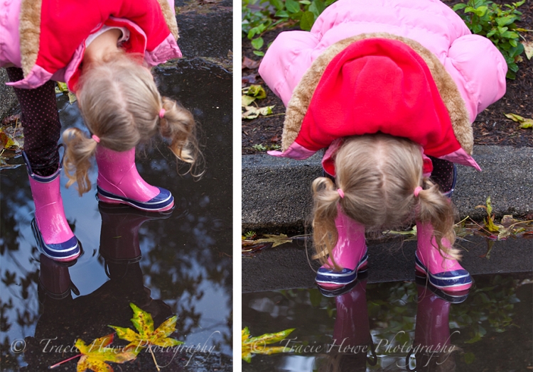 photo of girl looking into puddle