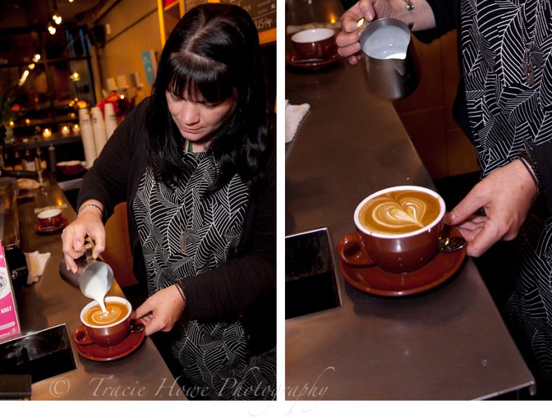 Photo of barista making heart shape in coffee