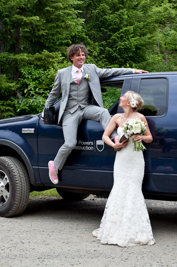 Bride and groom doing an unconventional pose