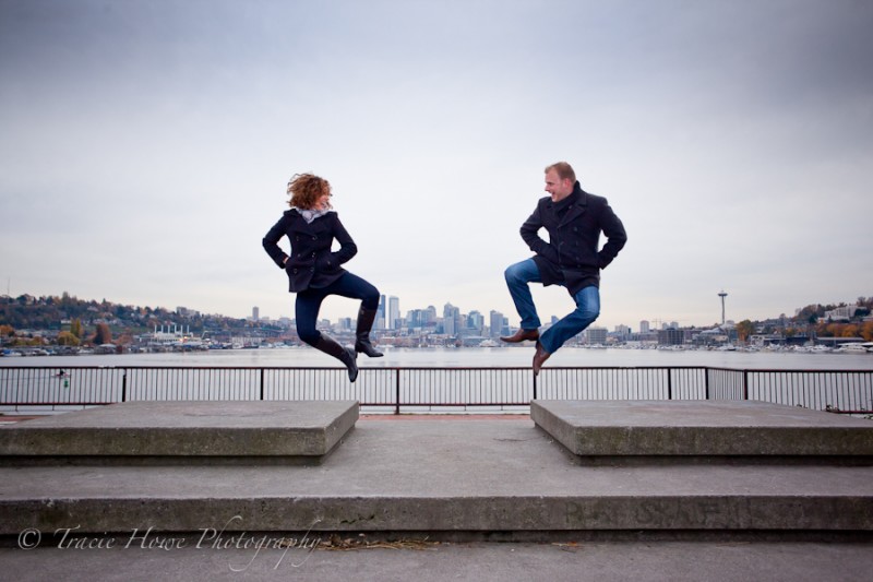 Jumping engagement photo at Gasworks