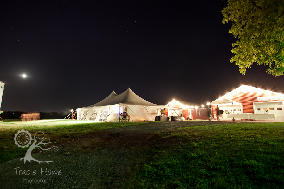 Farm at night decorated for wedding reception