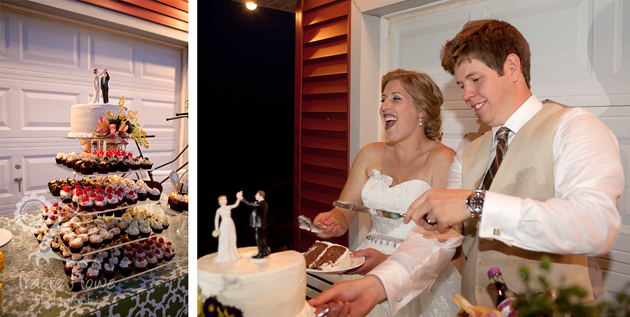 Bride and groom cutting cake