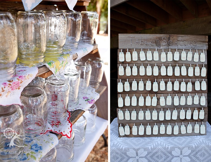 Table seating and mason jars at wedding