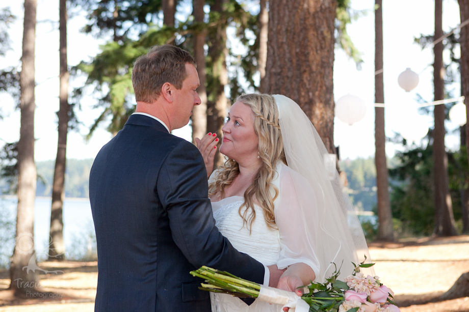 Bride and groom during first look