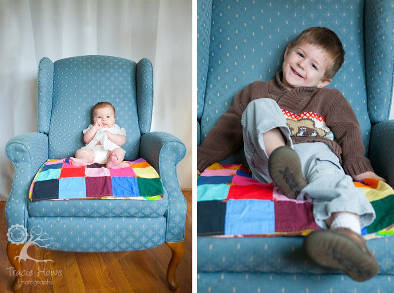 photo of baby and boy in chair