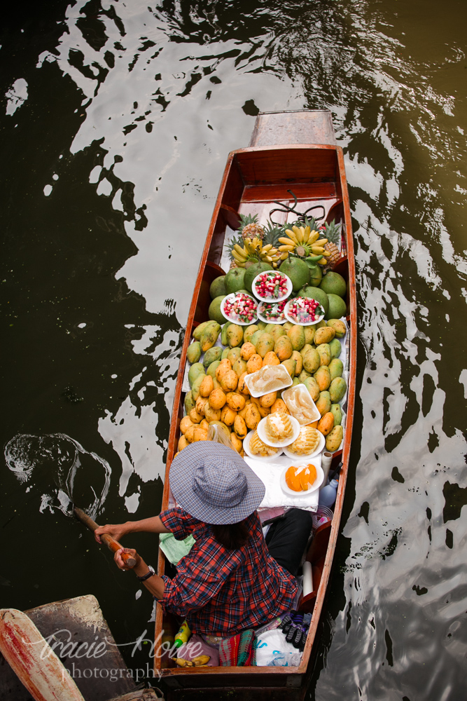 A bird's eye view of a boat loaded with some of Thailand's glorious fruit. 