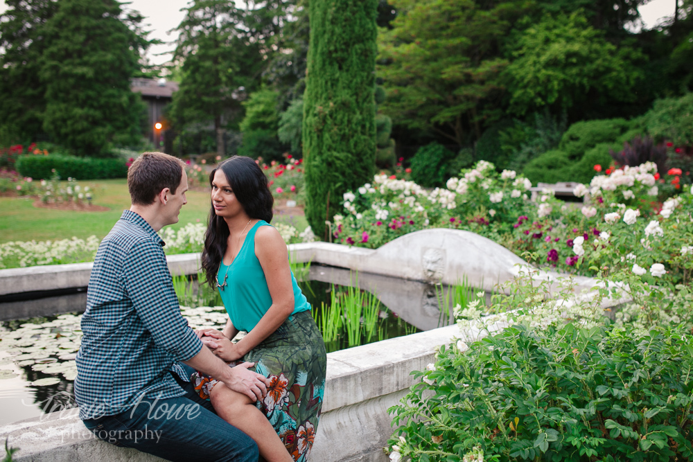 Great timing for this pretty summer engagement shoot in the rose garden at Woodland Park.